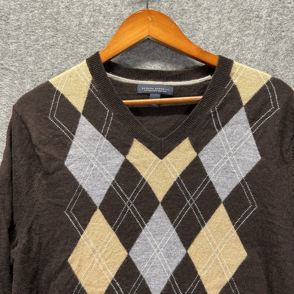 Banana Republic Sweater Large 100% Extra Fine Merino Wool V Neck Brown Argyle
